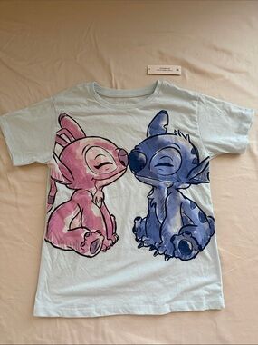 Disney Kids Light Blue Graphic Tee with Pink & Blue Characters